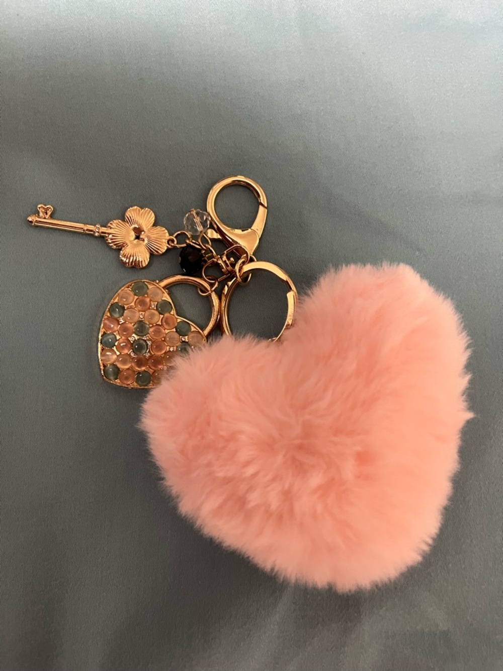 Pink Heart Pom Pom Keychain with Gold Charms